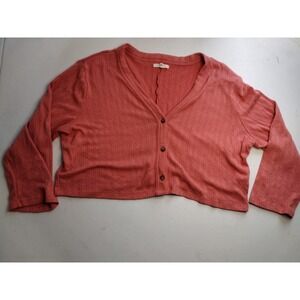 Maurices Cropped‎ Ribbed Cardigan Coral Pink V Neck Button Front Long Sleeve L